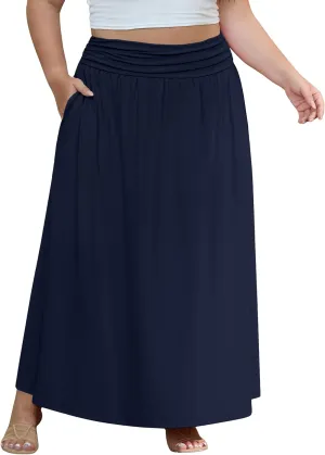 OLRIK Plus Size Maxi Skirt with Pockets 2025 Summer Elastic High Waisted A-Line Flowy Long Skirts