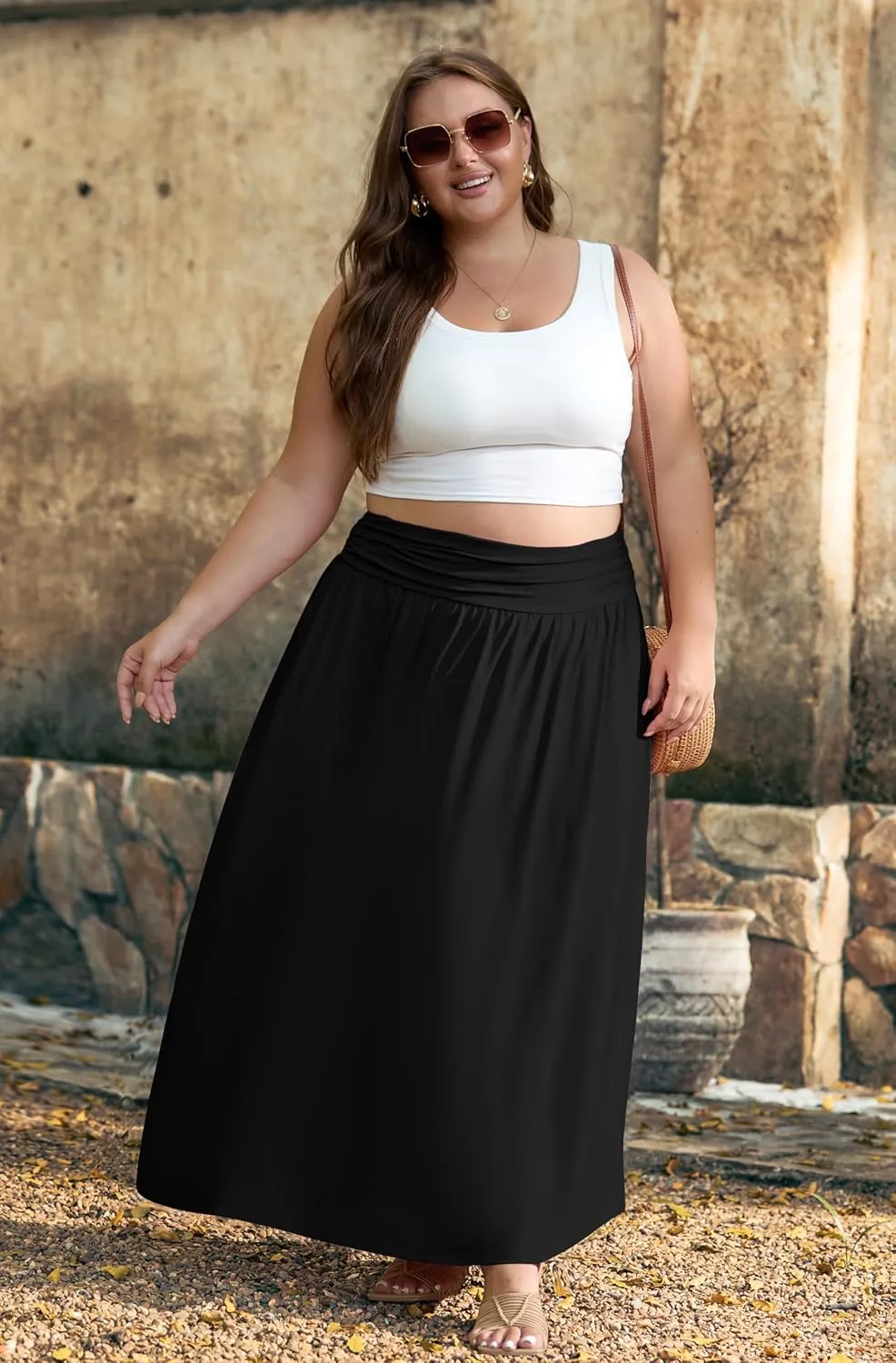 OLRIK Plus Size Maxi Skirt with Pockets 2025 Summer Elastic High Waisted A-Line Flowy Long Skirts