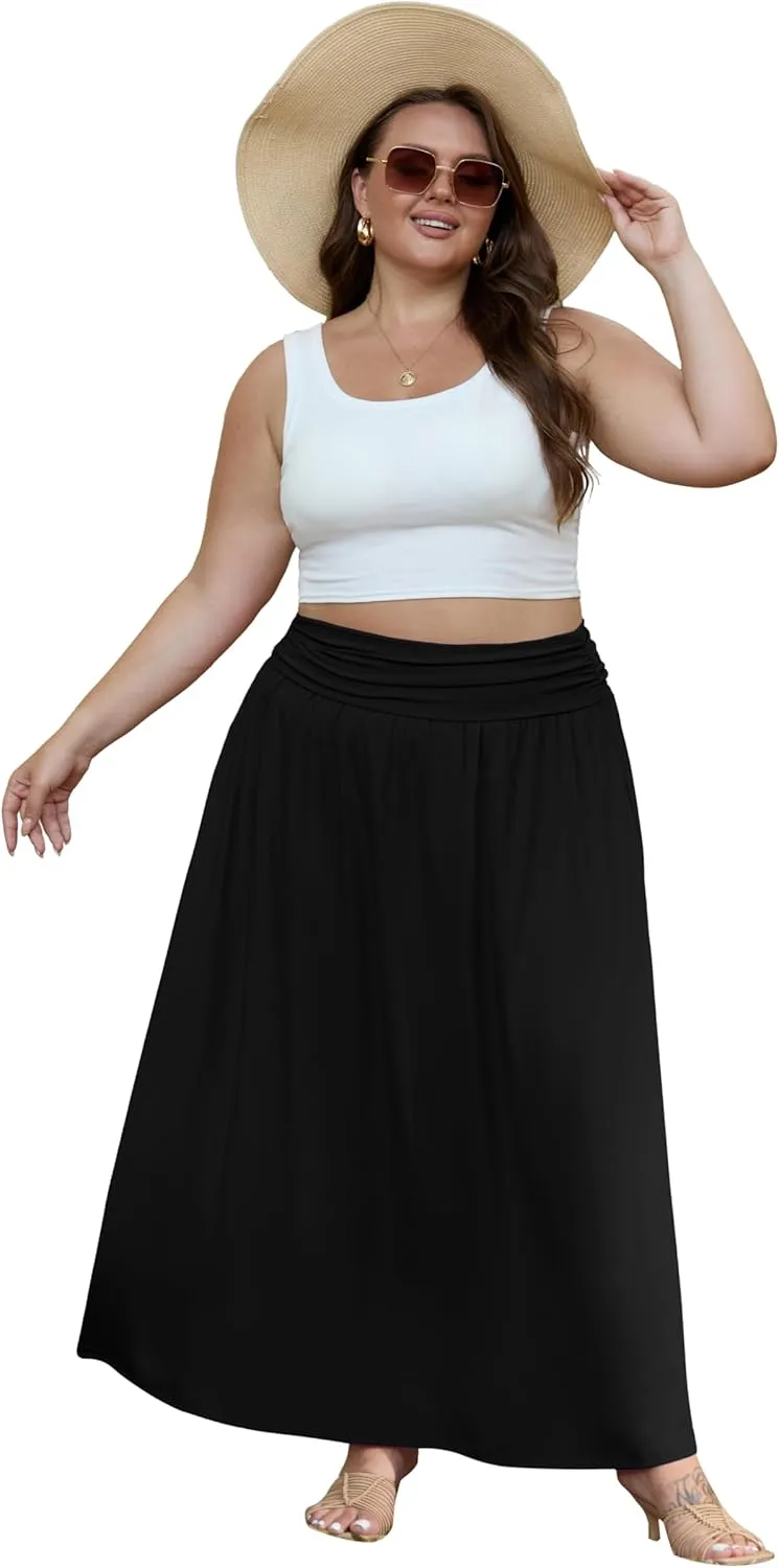 OLRIK Plus Size Maxi Skirt with Pockets 2025 Summer Elastic High Waisted A-Line Flowy Long Skirts