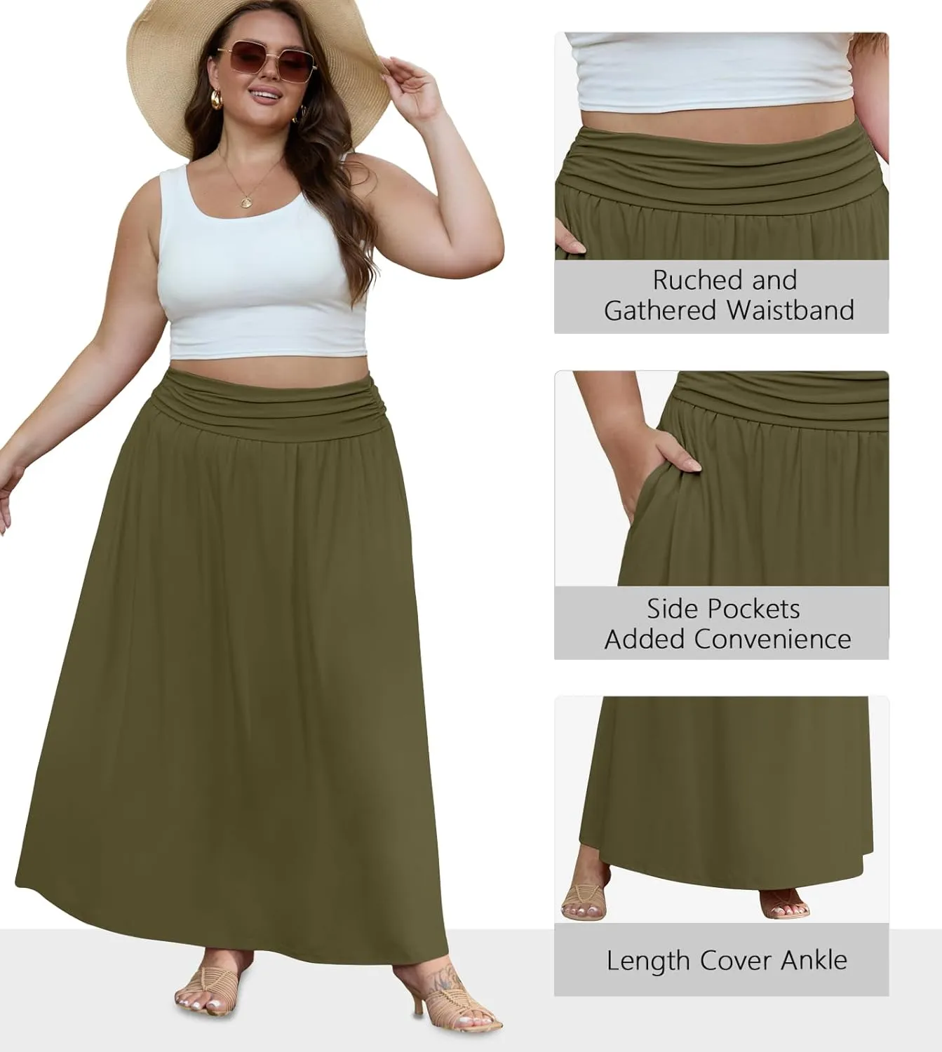 OLRIK Plus Size Maxi Skirt with Pockets 2025 Summer Elastic High Waisted A-Line Flowy Long Skirts