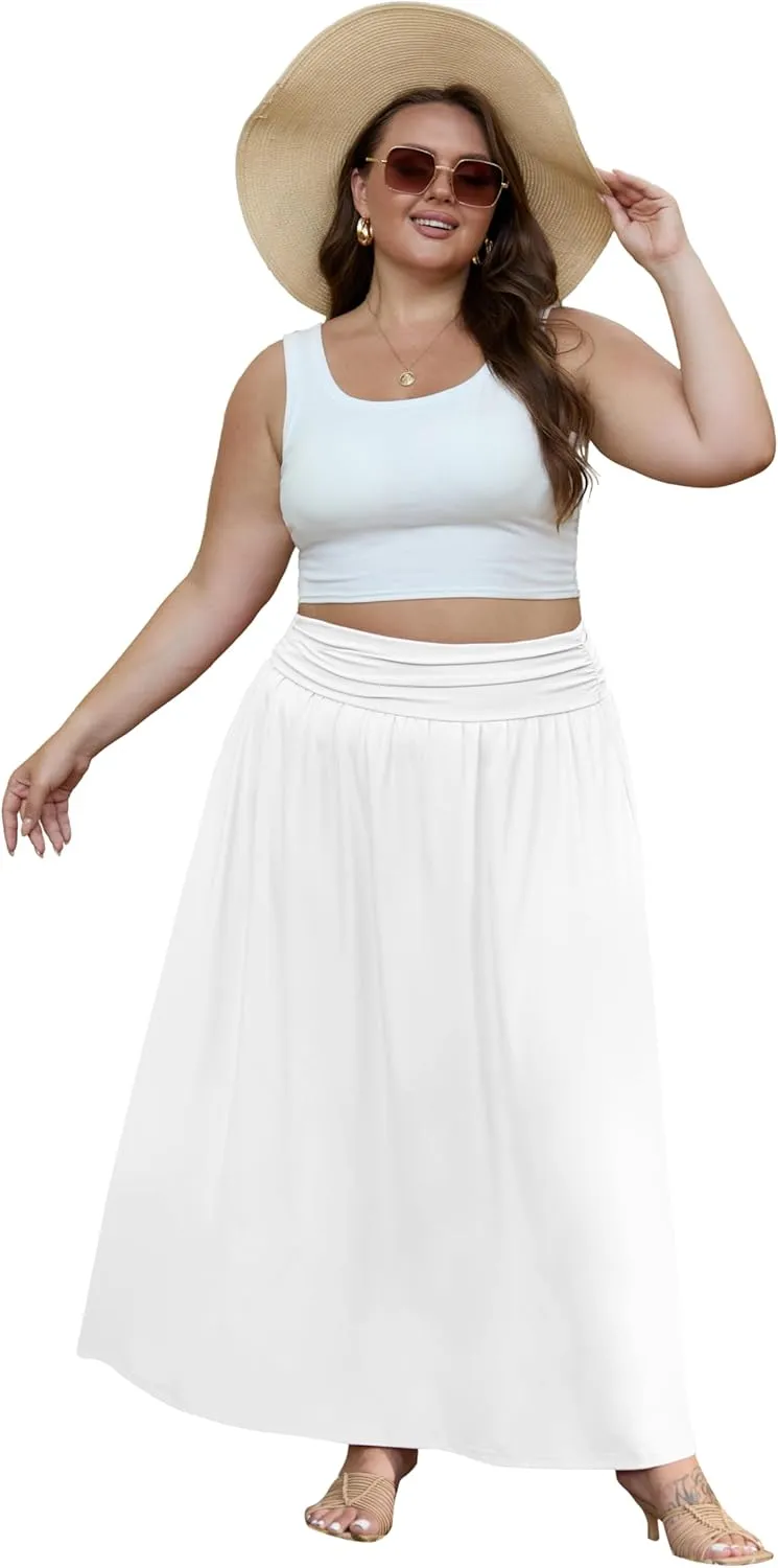 OLRIK Plus Size Maxi Skirt with Pockets 2025 Summer Elastic High Waisted A-Line Flowy Long Skirts