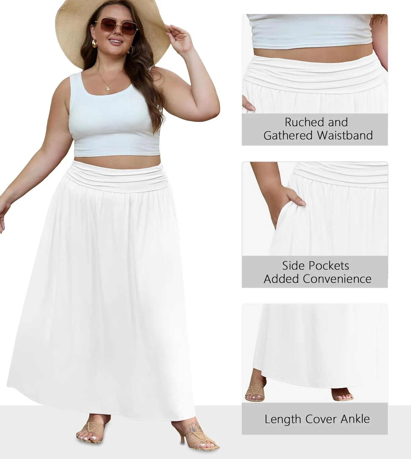 OLRIK Plus Size Maxi Skirt with Pockets 2025 Summer Elastic High Waisted A-Line Flowy Long Skirts
