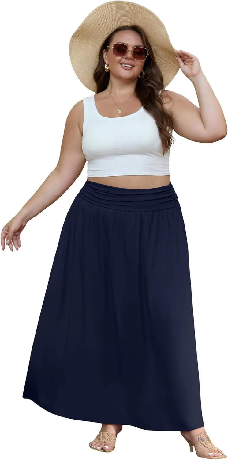 OLRIK Plus Size Maxi Skirt with Pockets 2025 Summer Elastic High Waisted A-Line Flowy Long Skirts