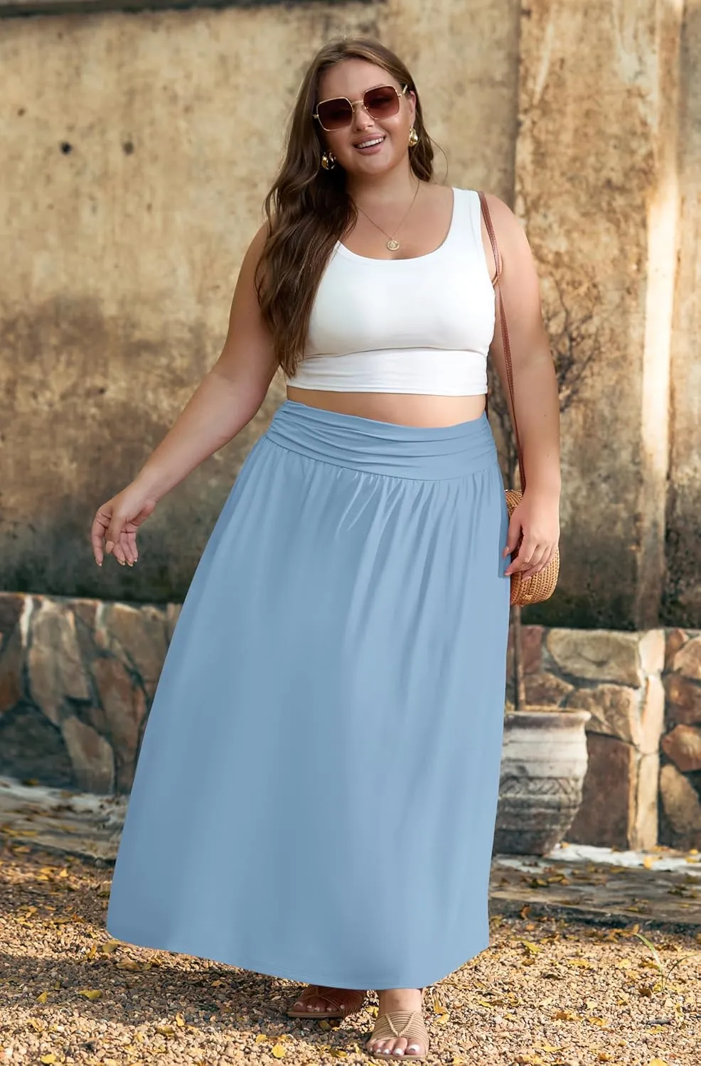 OLRIK Plus Size Maxi Skirt with Pockets 2025 Summer Elastic High Waisted A-Line Flowy Long Skirts