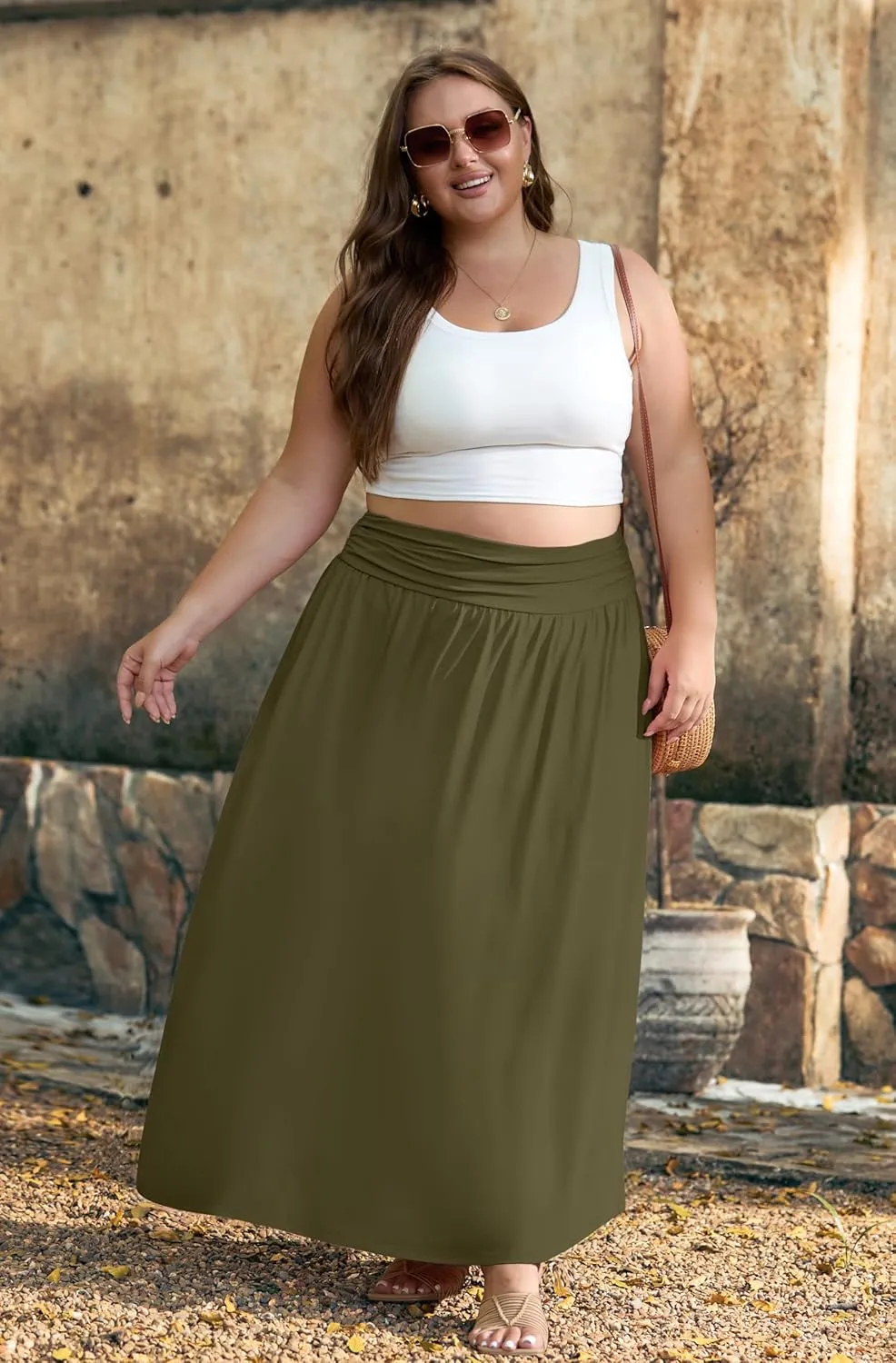 OLRIK Plus Size Maxi Skirt with Pockets 2025 Summer Elastic High Waisted A-Line Flowy Long Skirts