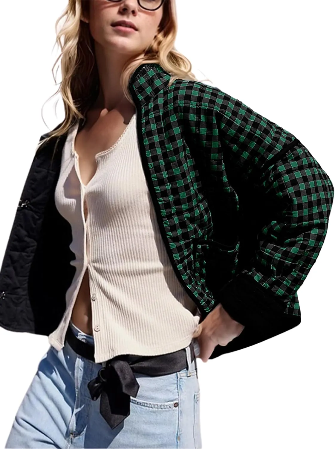 Omoone Women's Cropped Quilted Jacket Floral Printed LightWeight Padded Puffer Cardigan Coat Outwear