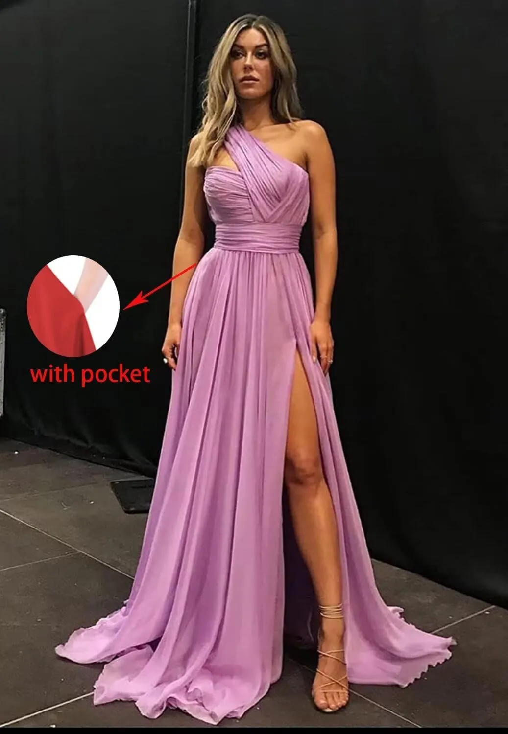 One Shoulder Bridesmaid Dresses for Wedding with Pocket Chiffon Pleated Long Formal Evening Dress