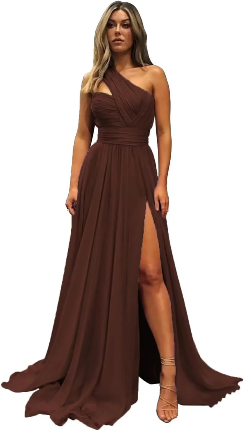 One Shoulder Bridesmaid Dresses for Wedding with Pocket Chiffon Pleated Long Formal Evening Dress