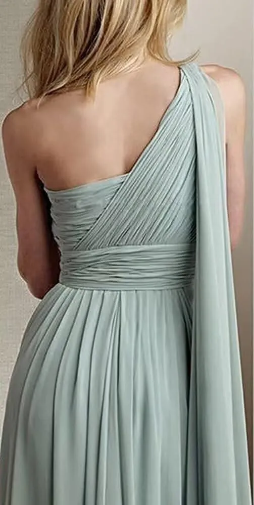 One Shoulder Bridesmaid Dresses for Wedding with Pocket Chiffon Pleated Long Formal Evening Dress