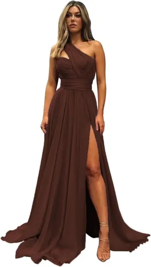 One Shoulder Bridesmaid Dresses for Wedding with Pocket Chiffon Pleated Long Formal Evening Dress