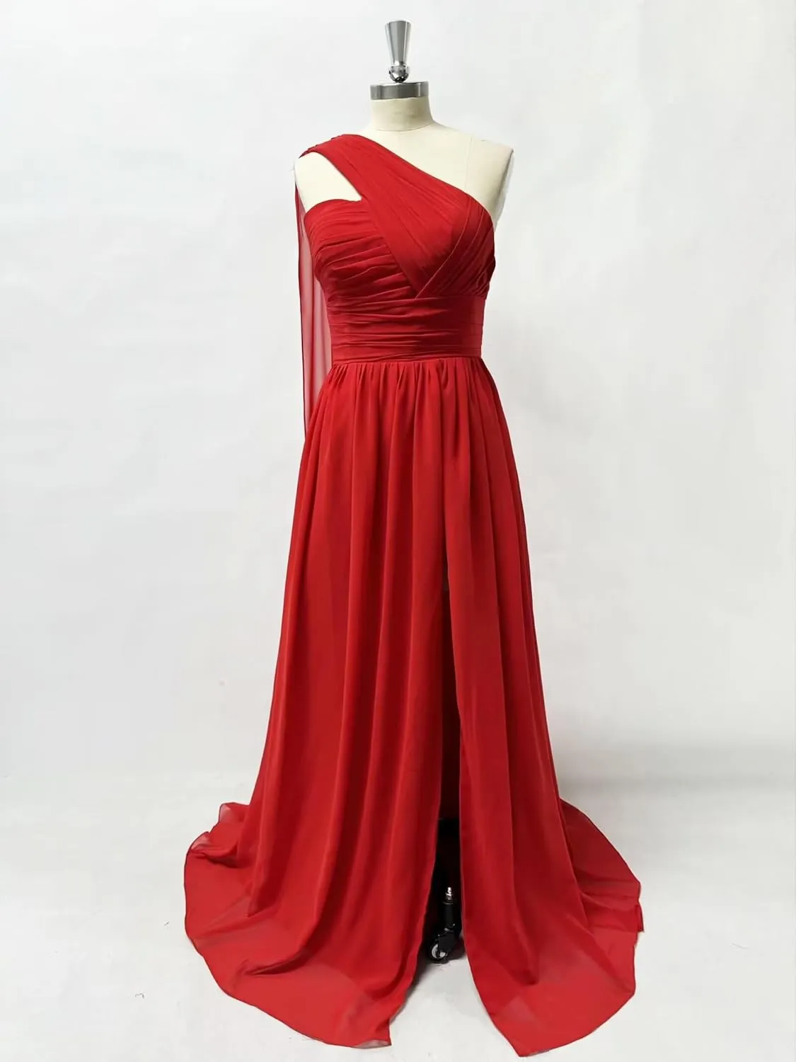 One Shoulder Bridesmaid Dresses for Wedding with Pocket Chiffon Pleated Long Formal Evening Dress