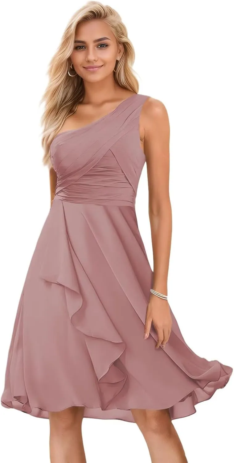 One Shoulder Bridesmaid Dresses Short Ruched Chiffon Formal Dress for Women Wedding Guest