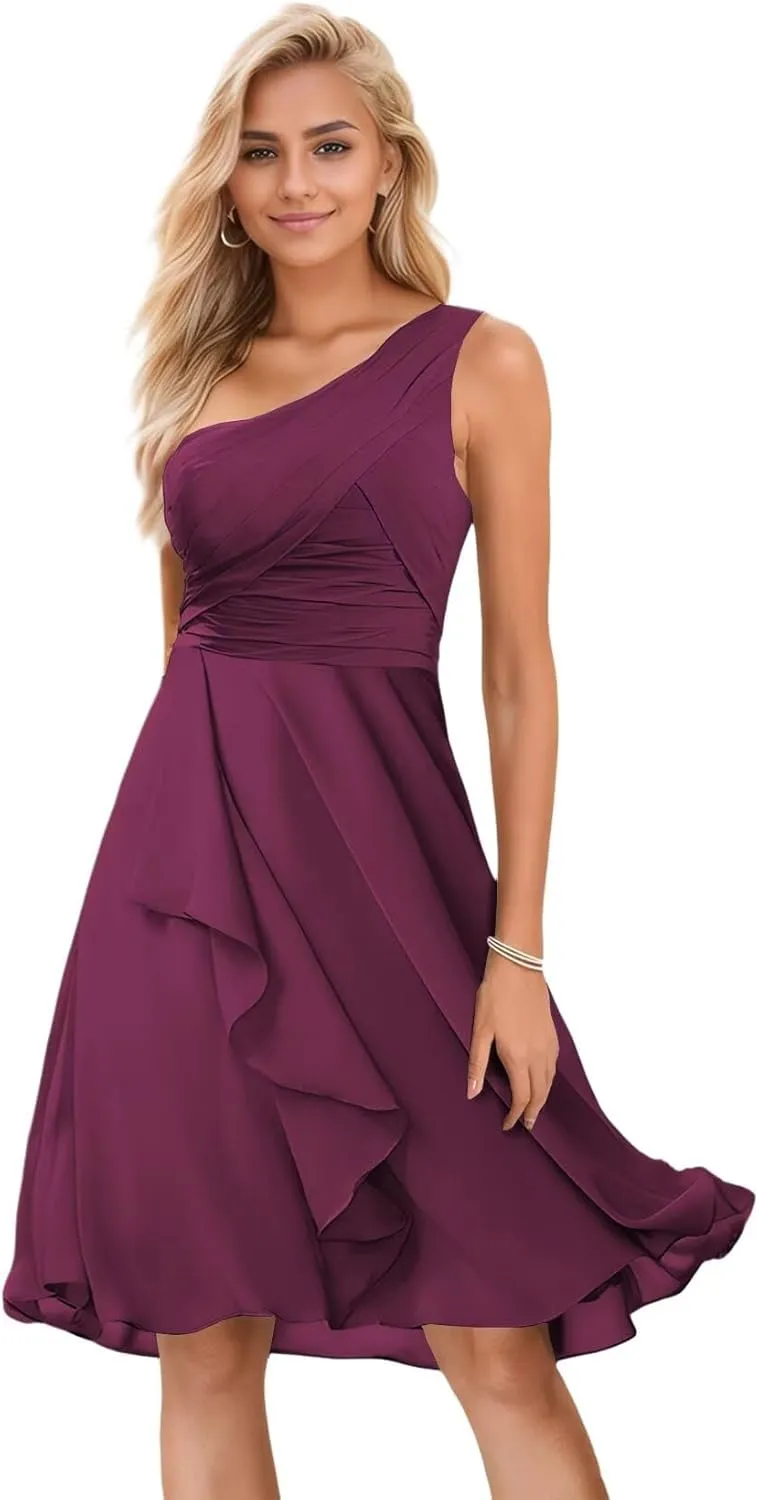 One Shoulder Bridesmaid Dresses Short Ruched Chiffon Formal Dress for Women Wedding Guest