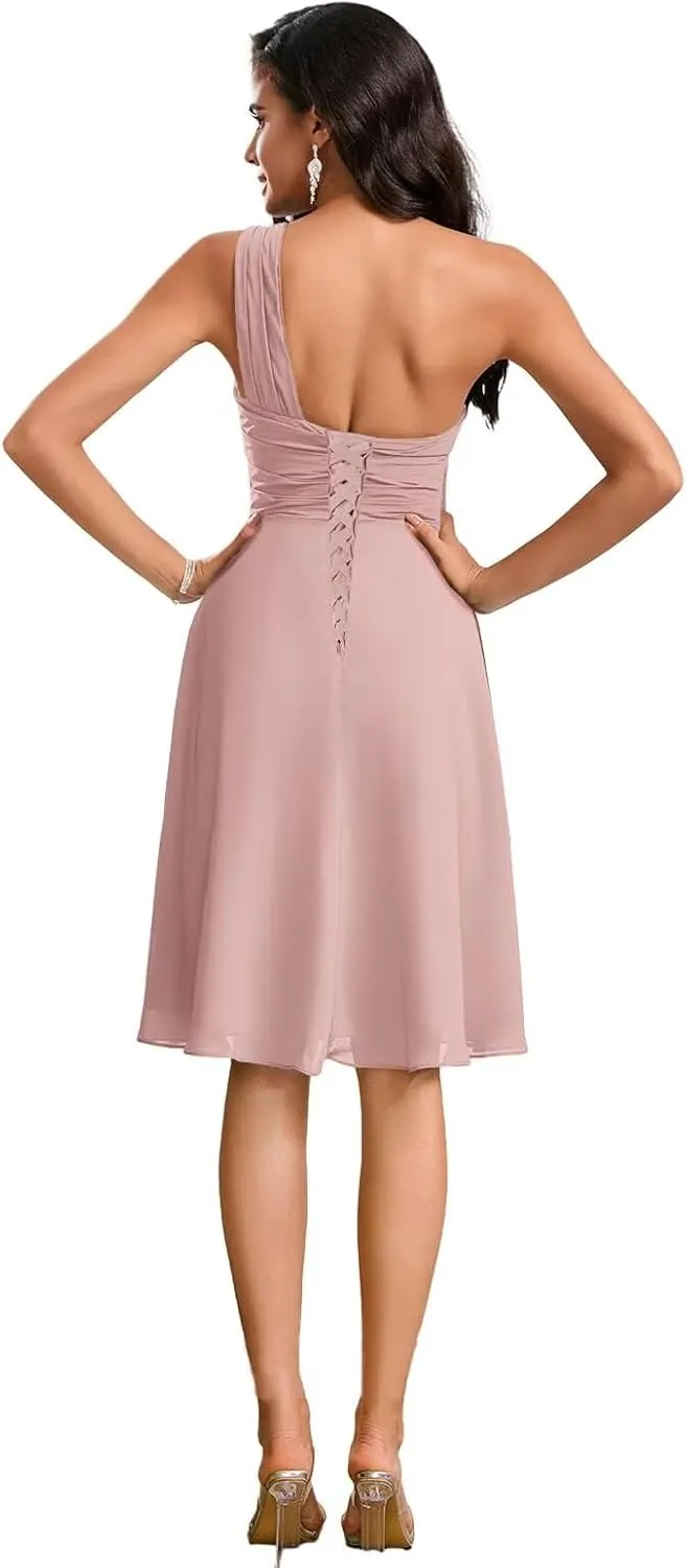 One Shoulder Bridesmaid Dresses Short Ruched Chiffon Formal Dress for Women Wedding Guest