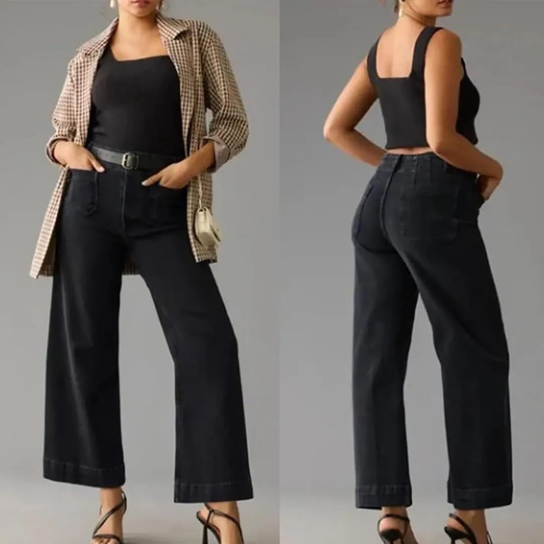 Oprah's Favorite Women's High Waisted Tummy Control Sailor Wide Leg Trouser Cropped Wide Leg Baggy Stretchy Denim Jean