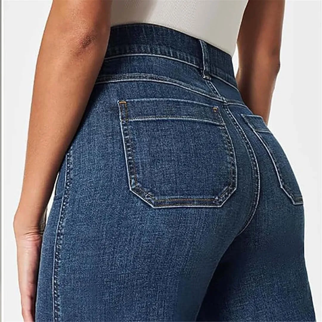 Oprah's Favorite Women's High Waisted Tummy Control Sailor Wide Leg Trouser Cropped Wide Leg Baggy Stretchy Denim Jean