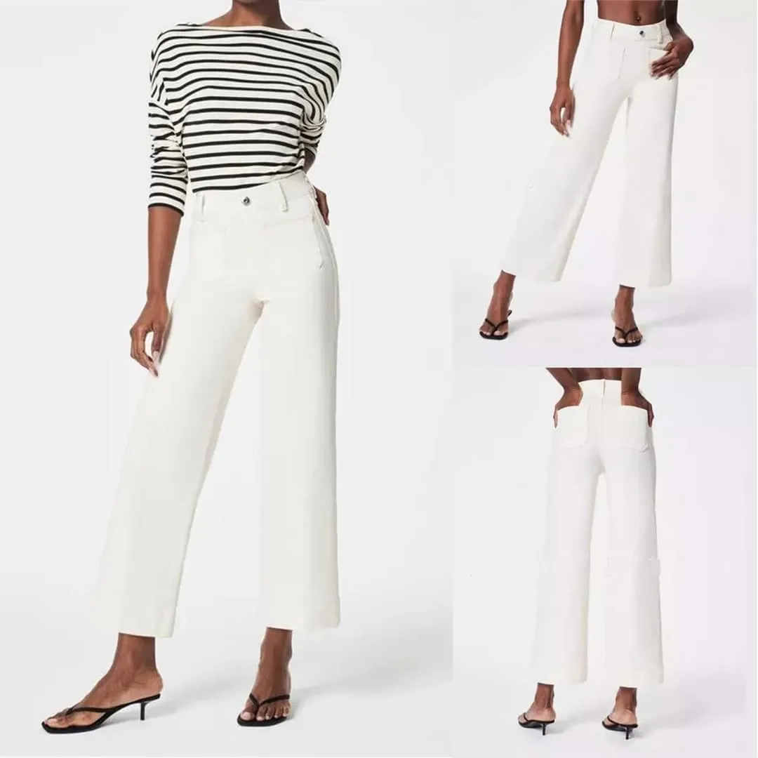 Oprah's Favorite Women's High Waisted Tummy Control Sailor Wide Leg Trouser Cropped Wide Leg Baggy Stretchy Denim Jean