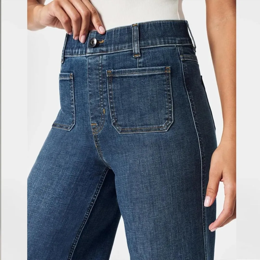 Oprah's Favorite Women's High Waisted Tummy Control Sailor Wide Leg Trouser Cropped Wide Leg Baggy Stretchy Denim Jean