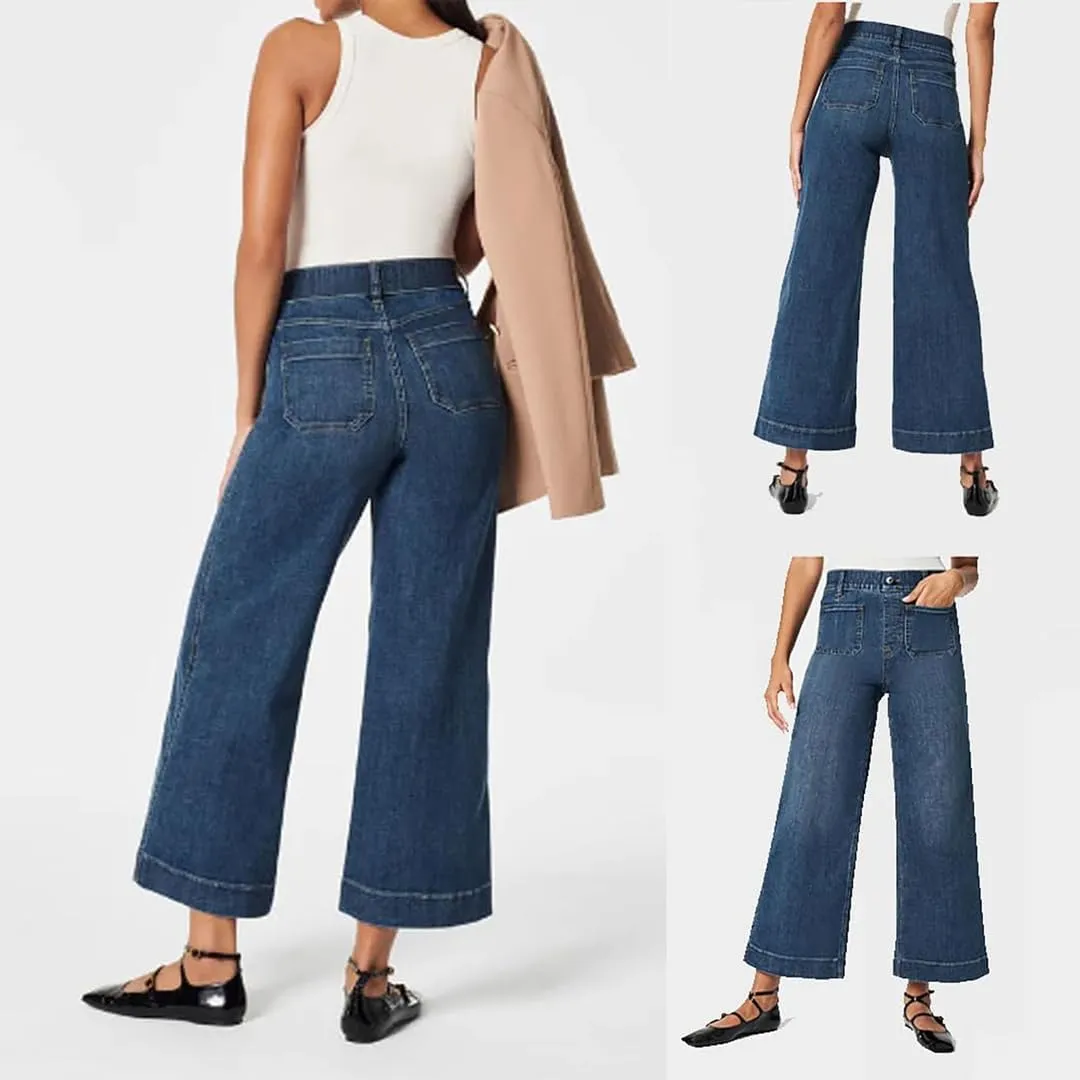 Oprah's Favorite Women's High Waisted Tummy Control Sailor Wide Leg Trouser Cropped Wide Leg Baggy Stretchy Denim Jean