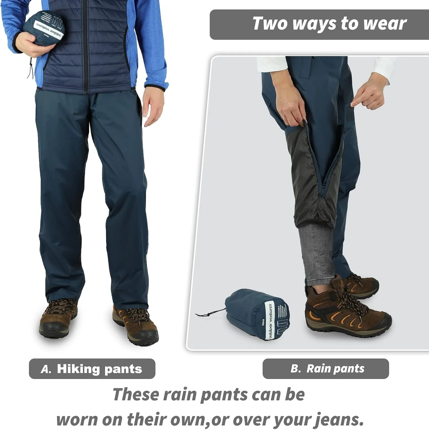 Outdoor Ventures Men's Rain Pants Waterproof Rain Overall Pants Windproof Packable Rain Outdoor Pants for Hiking Fishig Golf