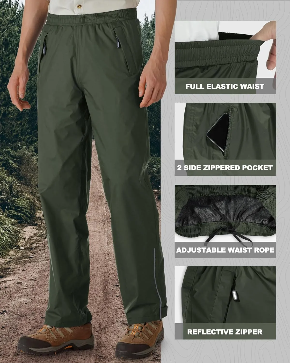 Outdoor Ventures Men's Rain Pants Waterproof Rain Overall Pants Windproof Packable Rain Outdoor Pants for Hiking Fishig Golf