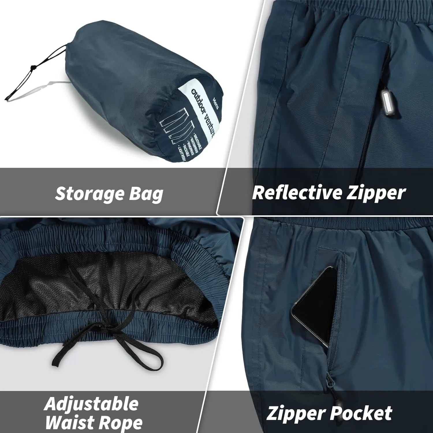Outdoor Ventures Men's Rain Pants Waterproof Rain Overall Pants Windproof Packable Rain Outdoor Pants for Hiking Fishig Golf