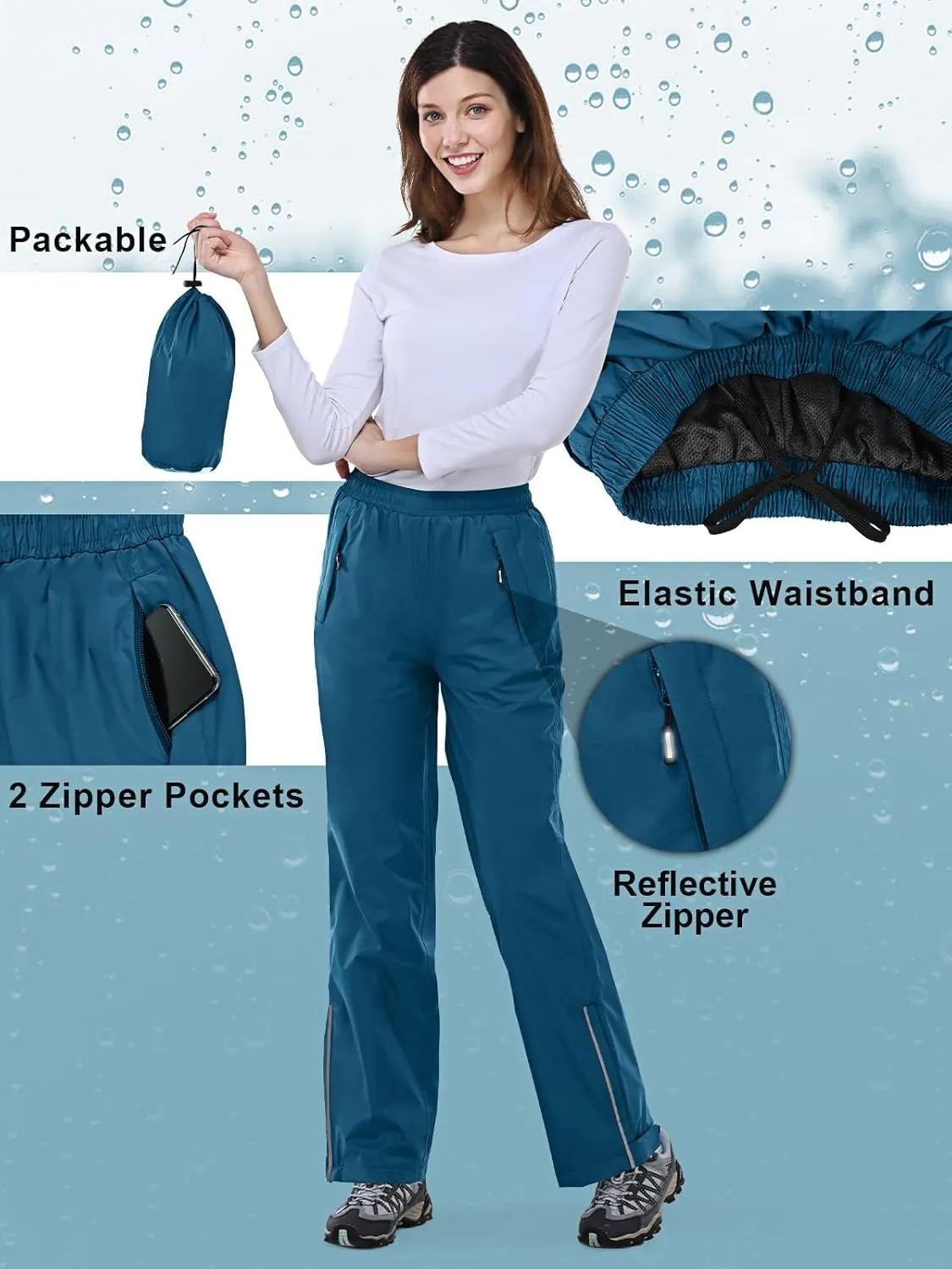 Outdoor Ventures Women's Rain Pants Packable Waterproof Hiking Pants Windproof Breathable Outdoor Rain Over Pants