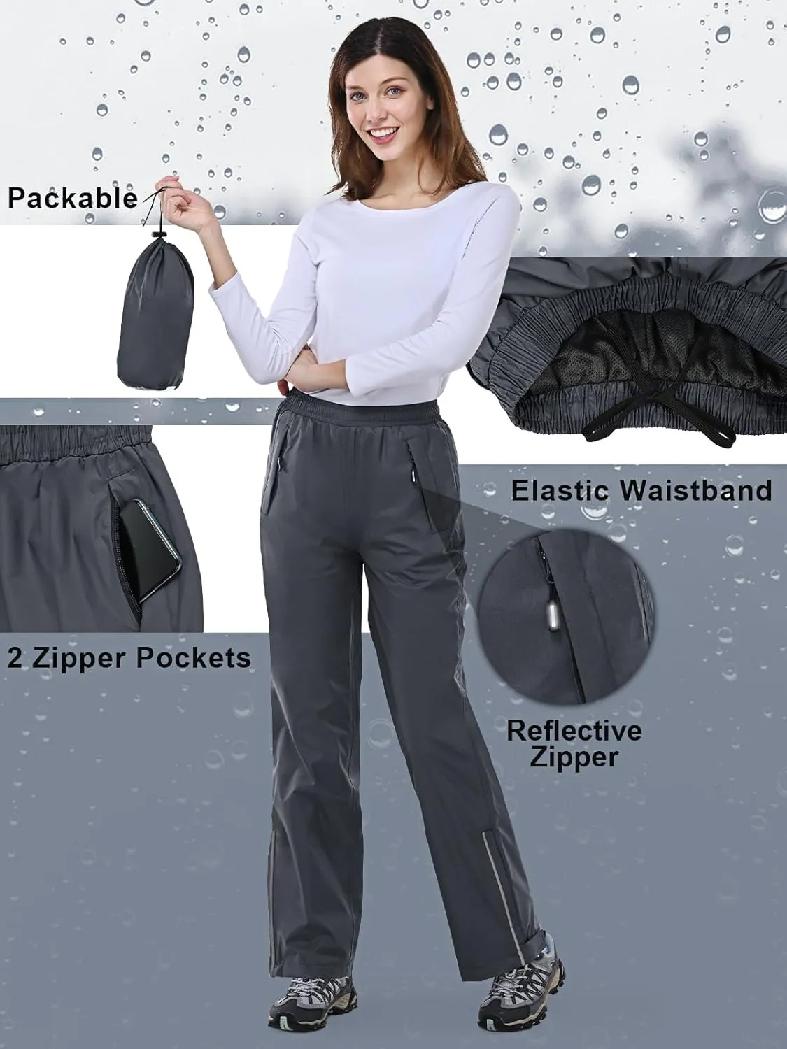 Outdoor Ventures Women's Rain Pants Packable Waterproof Hiking Pants Windproof Breathable Outdoor Rain Over Pants