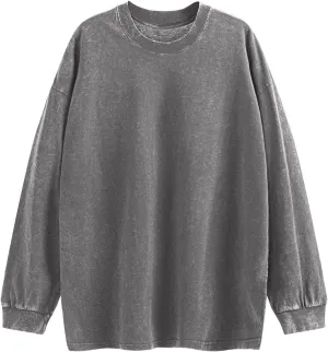 Oversized Crewneck Tshirts for Men Vintage Acid Wash Shirts Long Sleeve Cotton Basic Baggy Plain Sweatshirts Unisex