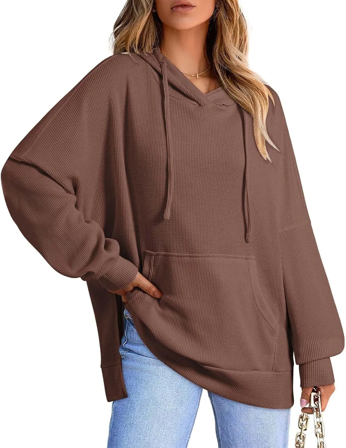Oversized Hoodies for Women Waffle Hem Slit Drawstring Long Sleeve Sweatshirt Loose Lightweight Pullover with Pocket