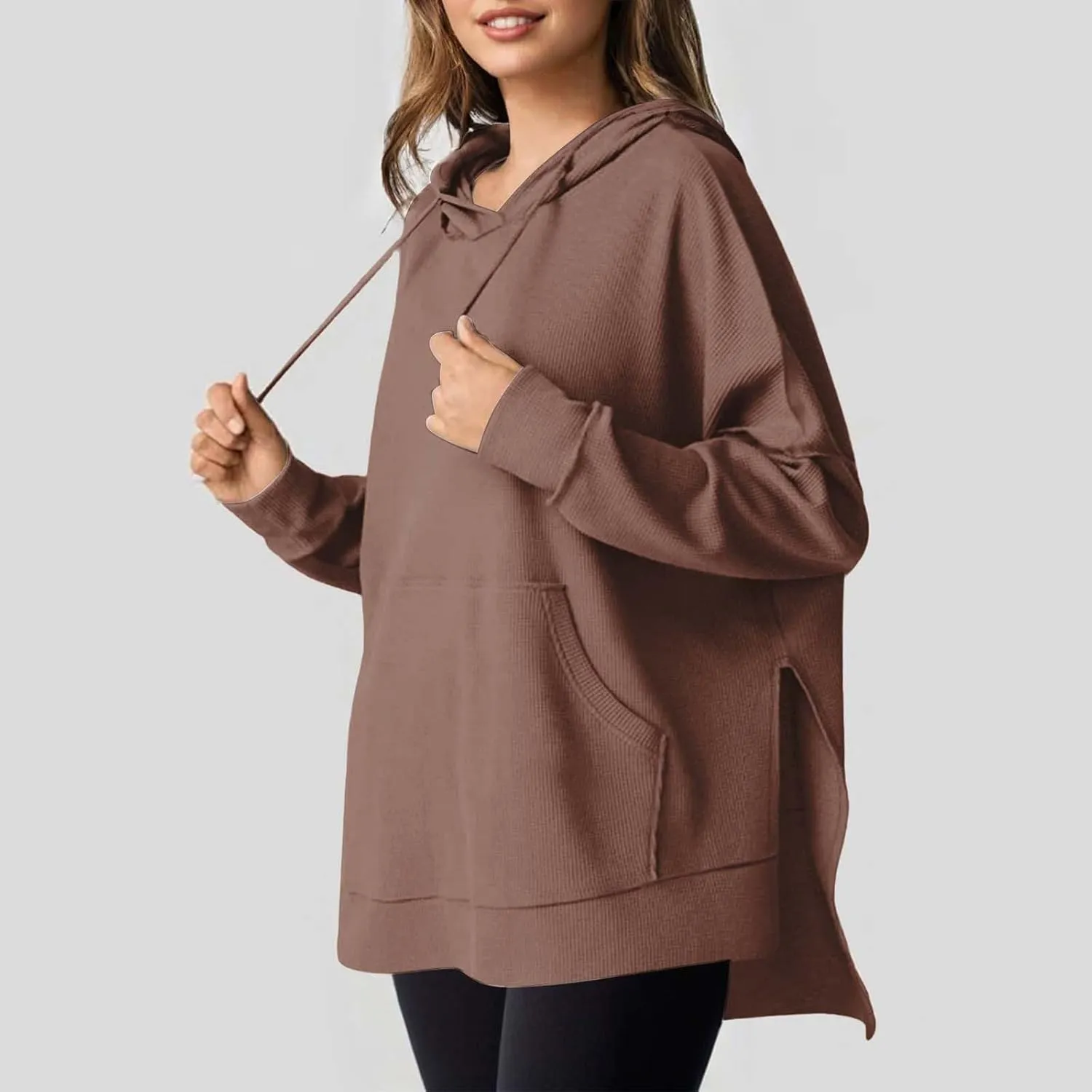 Oversized Hoodies for Women Waffle Hem Slit Drawstring Long Sleeve Sweatshirt Loose Lightweight Pullover with Pocket