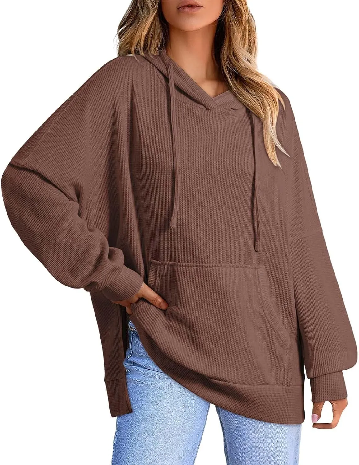 Oversized Hoodies for Women Waffle Hem Slit Drawstring Long Sleeve Sweatshirt Loose Lightweight Pullover with Pocket