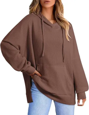 Oversized Hoodies for Women Waffle Hem Slit Drawstring Long Sleeve Sweatshirt Loose Lightweight Pullover with Pocket