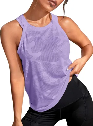 OYOANGLE Women's Camo Print Sleeveless Workout Shirts Exercise Running Tank Tops Active Gym Tops