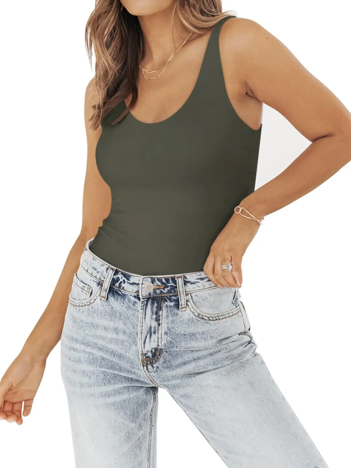 PINKMSTYLE Womens Basic Double Lined V Neck Tank Tops Slimming Workout Summer Tops Sleeveless Shirts