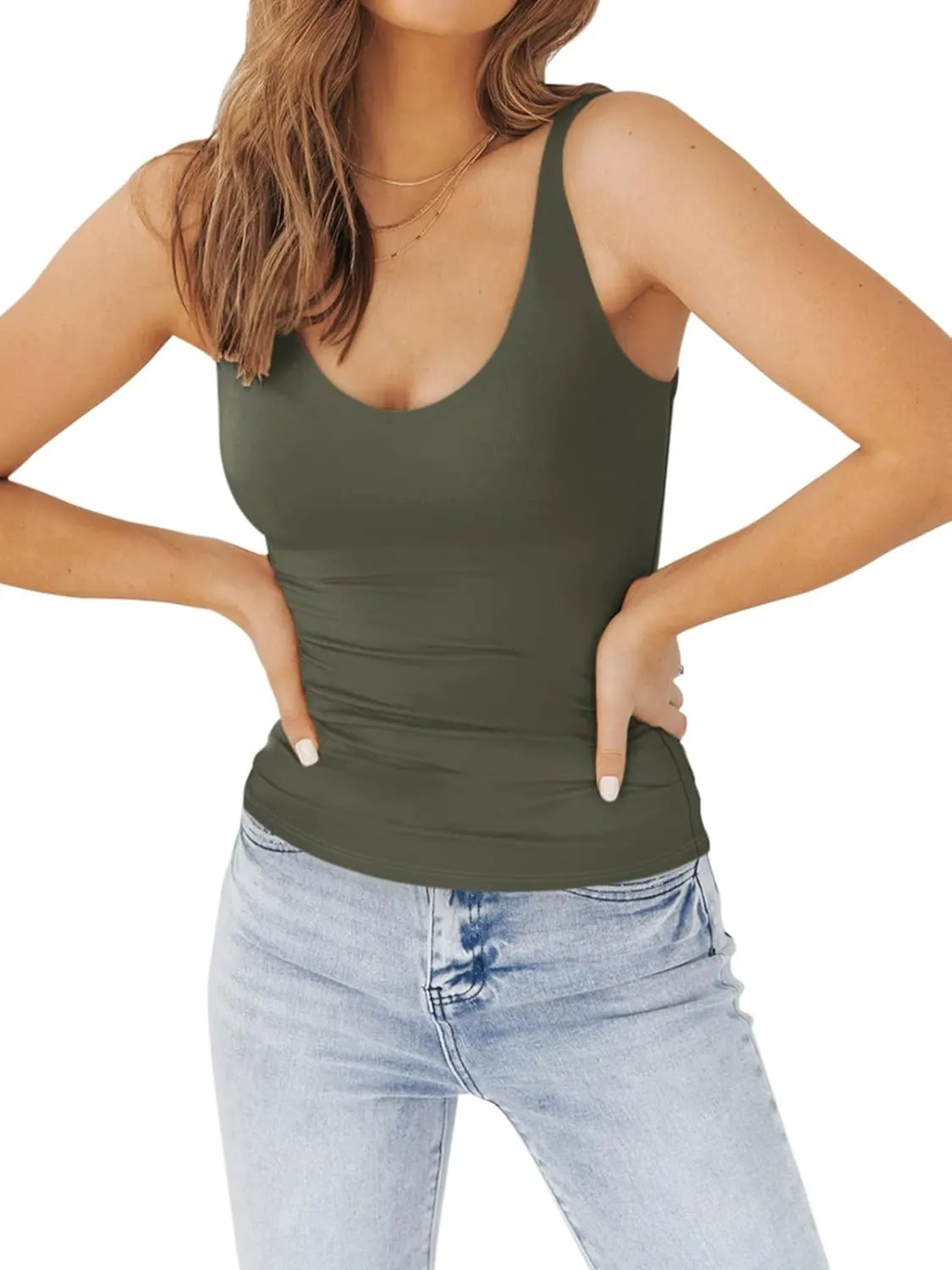 PINKMSTYLE Womens Basic Double Lined V Neck Tank Tops Slimming Workout Summer Tops Sleeveless Shirts