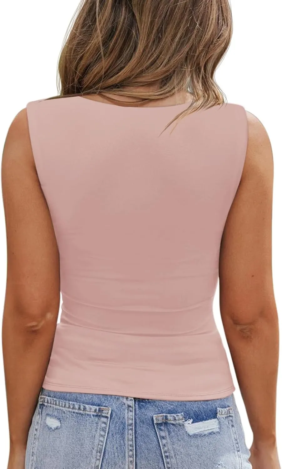 PINKMSTYLE Womens Basic Fitted Square Neck Tank Tops Double Lined Summer Tops Cute Sleeveless Shirts