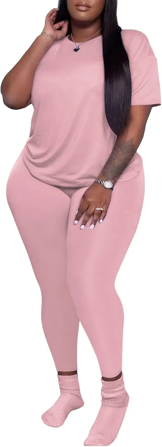 PINSV Women's Plus Size 2 Piece Outfits Tracksuits Short Sleeve Top Pants Sets Sweatsuits