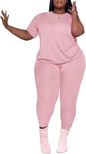 PINSV Women's Plus Size 2 Piece Outfits Tracksuits Short Sleeve Top Pants Sets Sweatsuits