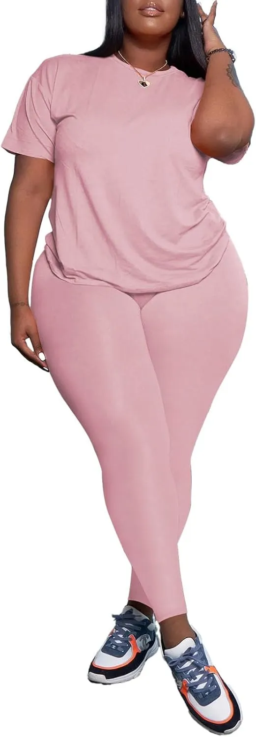 PINSV Women's Plus Size 2 Piece Outfits Tracksuits Short Sleeve Top Pants Sets Sweatsuits