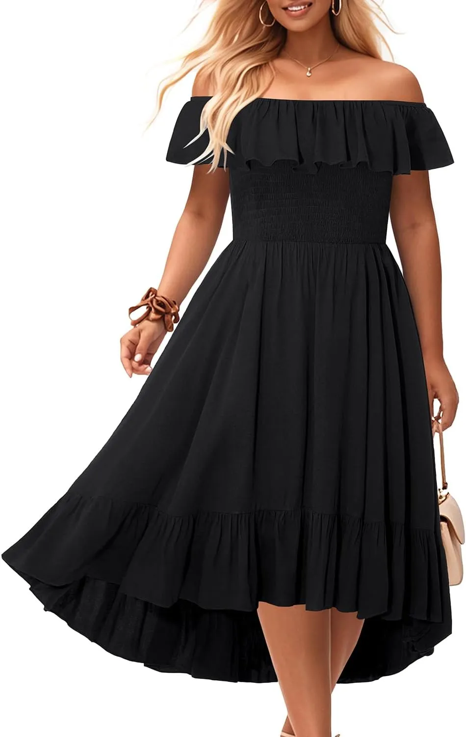 Pinup Fashion Plus Size Summer Dresses - Off Shoulder Ruffle Boho Casual High Low Smocked Dress with Pockets