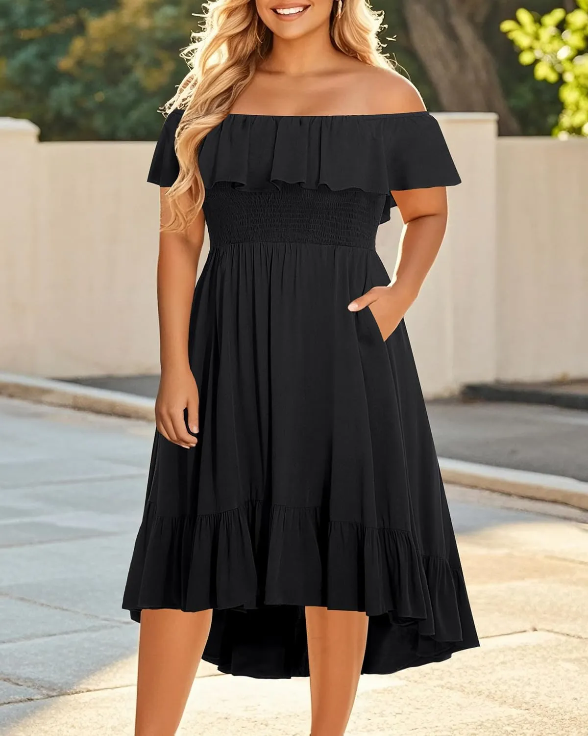 Pinup Fashion Plus Size Summer Dresses - Off Shoulder Ruffle Boho Casual High Low Smocked Dress with Pockets