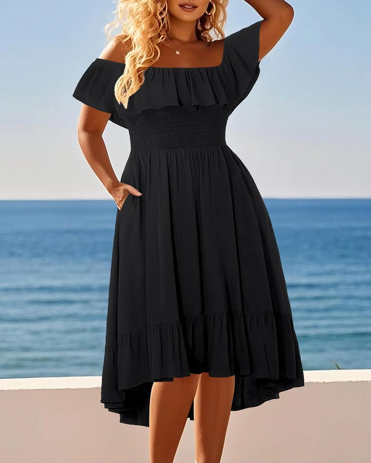 Pinup Fashion Plus Size Summer Dresses - Off Shoulder Ruffle Boho Casual High Low Smocked Dress with Pockets