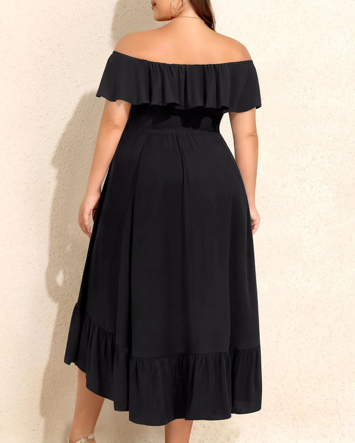 Pinup Fashion Plus Size Summer Dresses - Off Shoulder Ruffle Boho Casual High Low Smocked Dress with Pockets