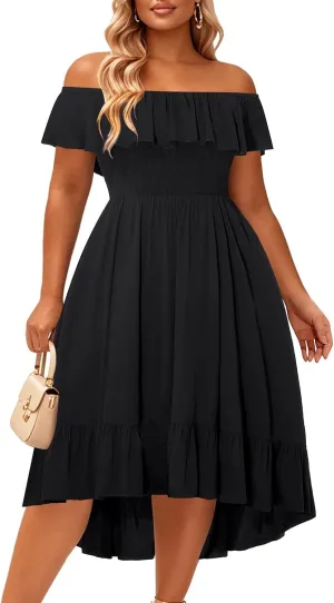 Pinup Fashion Plus Size Summer Dresses - Off Shoulder Ruffle Boho Casual High Low Smocked Dress with Pockets