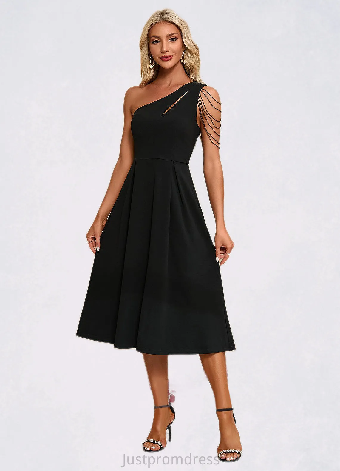 Piper Beading Fringe Trim One Shoulder Elegant A-line Polyester Midi Dresses HHP0022266