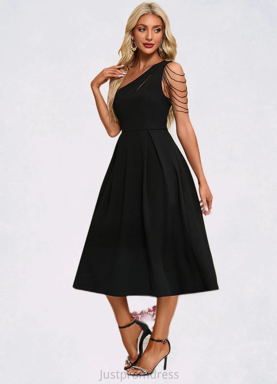 Piper Beading Fringe Trim One Shoulder Elegant A-line Polyester Midi Dresses HHP0022266