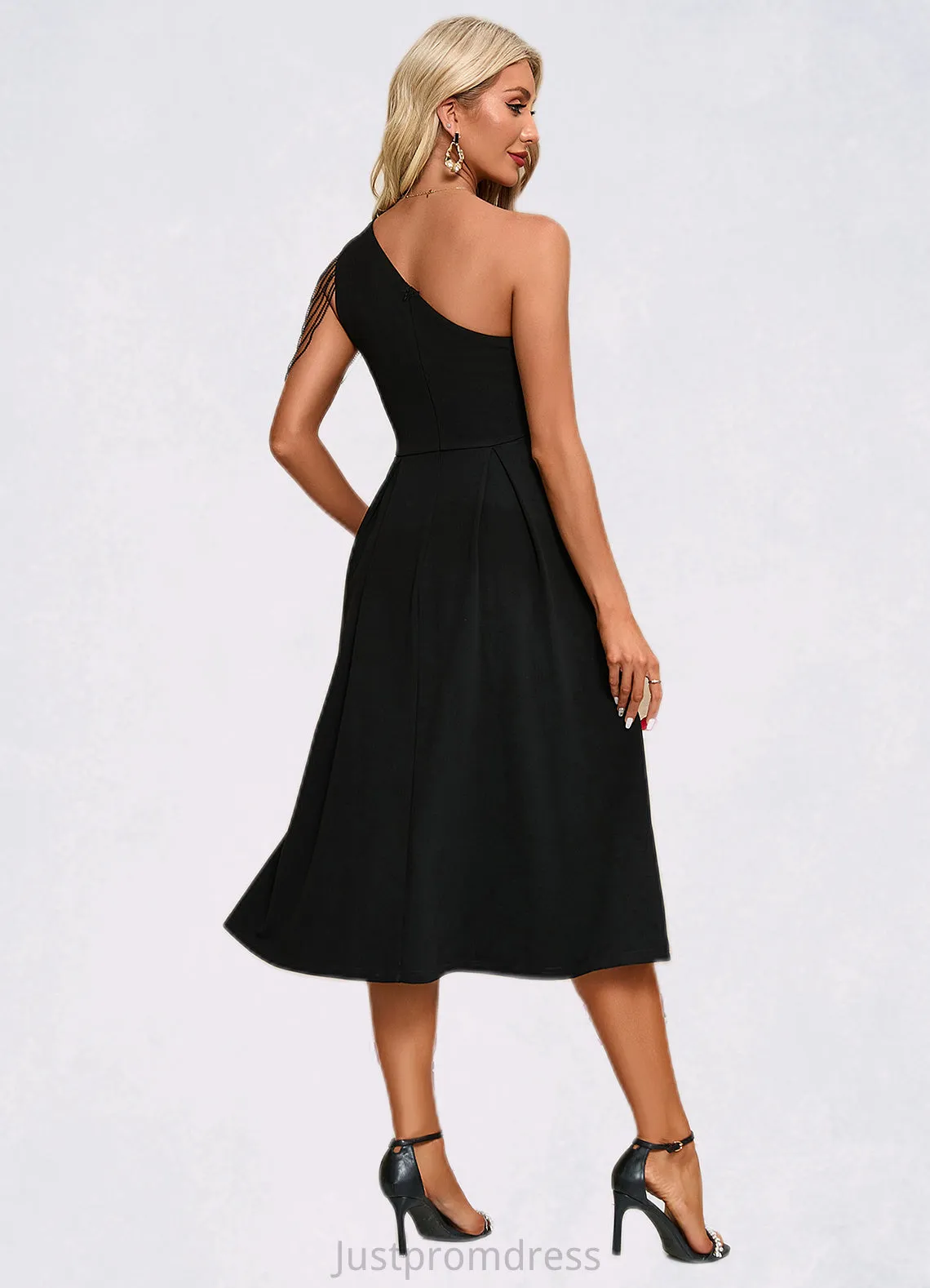 Piper Beading Fringe Trim One Shoulder Elegant A-line Polyester Midi Dresses HHP0022266