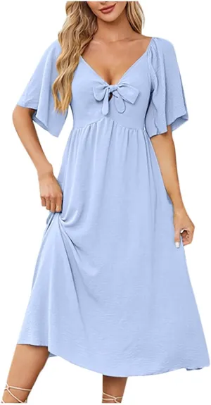 Plus Size Dresses for Curvy Women Summer Casual Deep V Neck Elegant Bow Tie Ruffle Sleeves Flowy A-Line Midi Dress