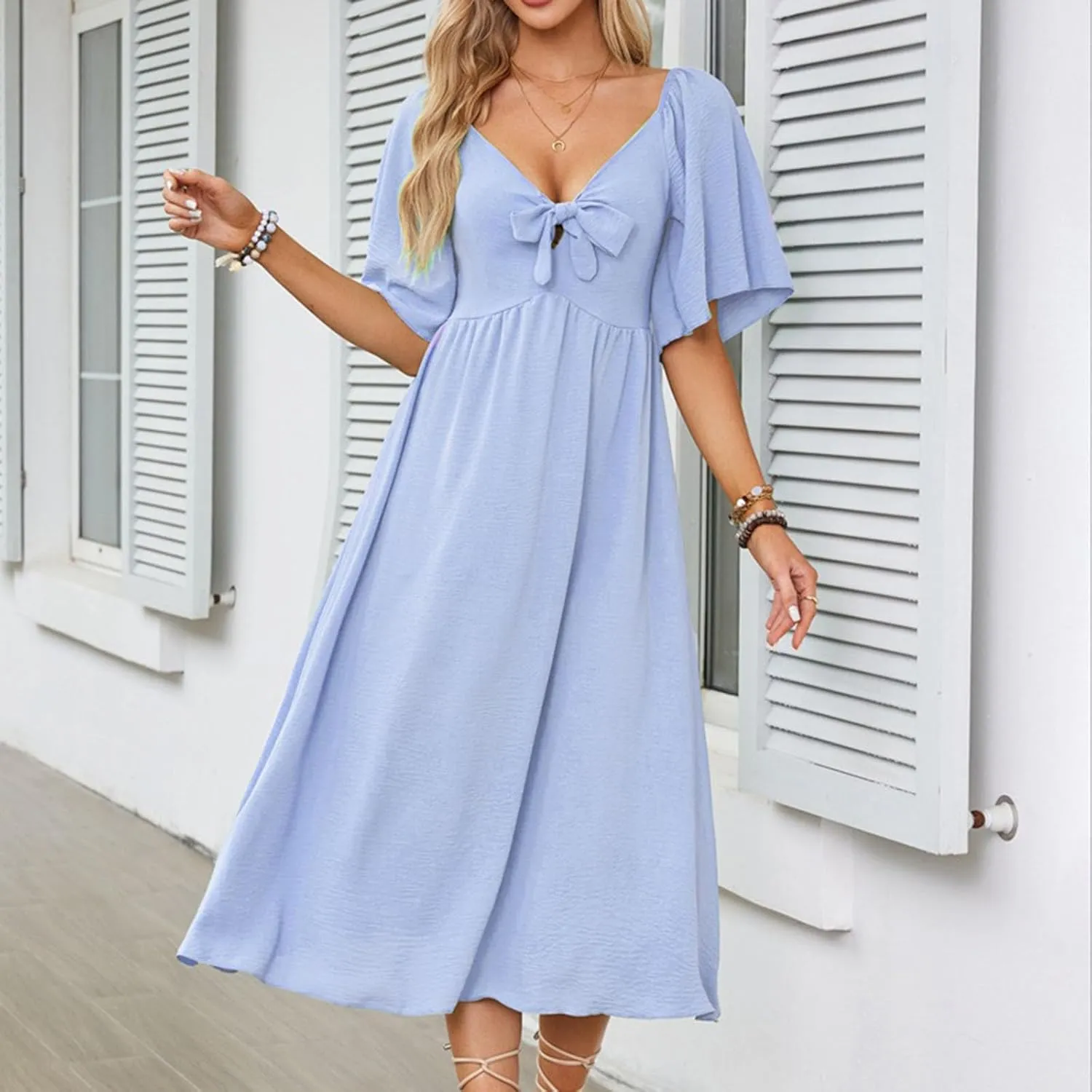 Plus Size Dresses for Curvy Women Summer Casual Deep V Neck Elegant Bow Tie Ruffle Sleeves Flowy A-Line Midi Dress